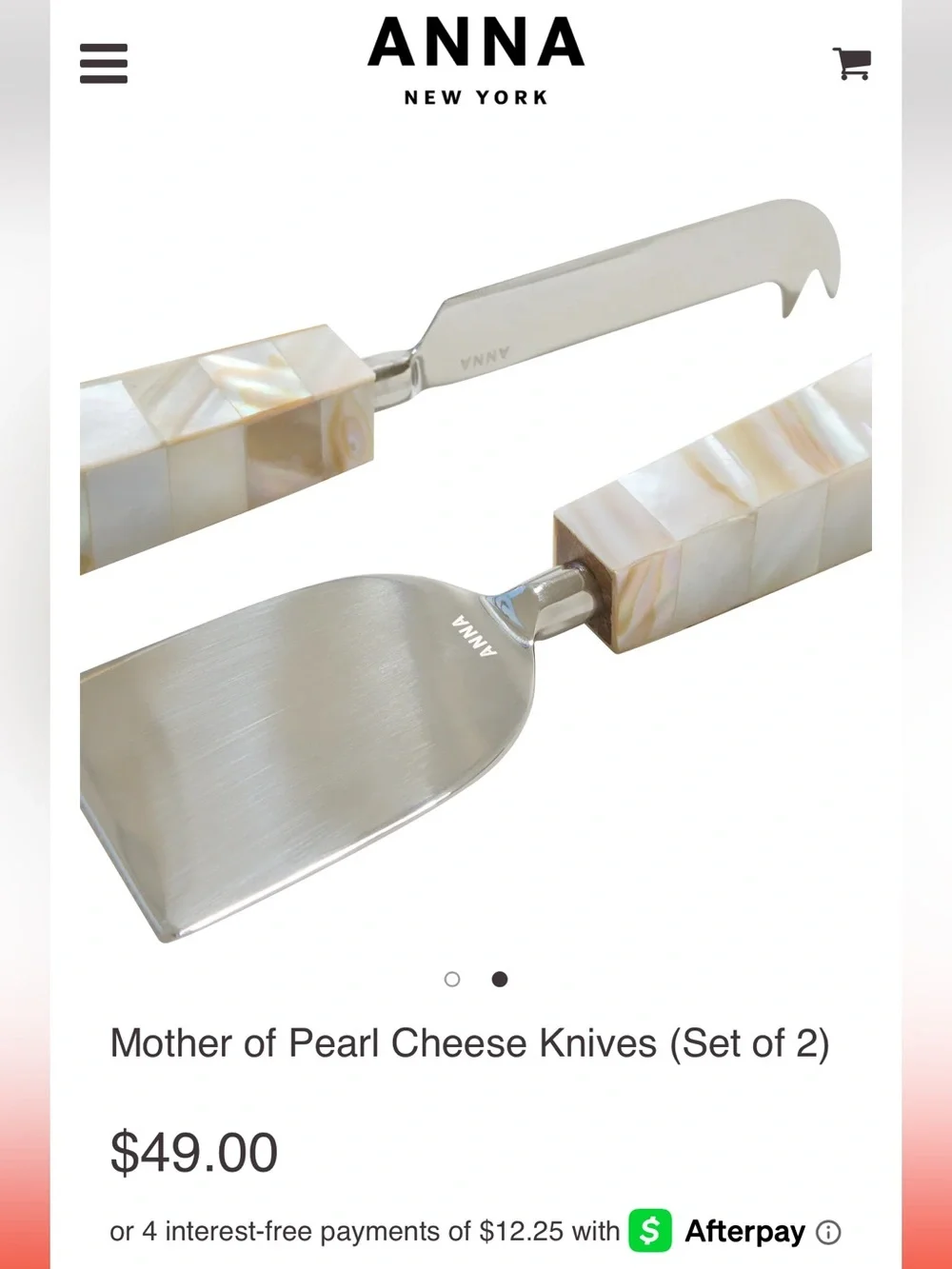 NWT ANNA Mother of Pearl Handle Cheese Knives (Set of 2)